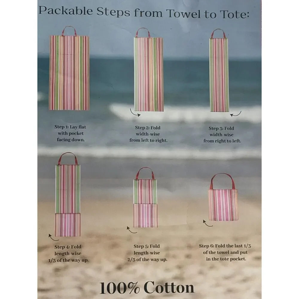 2-in-1 Beach Towel & Tote Bag, 100% Cotton, Striped, 40x72 Multicolor